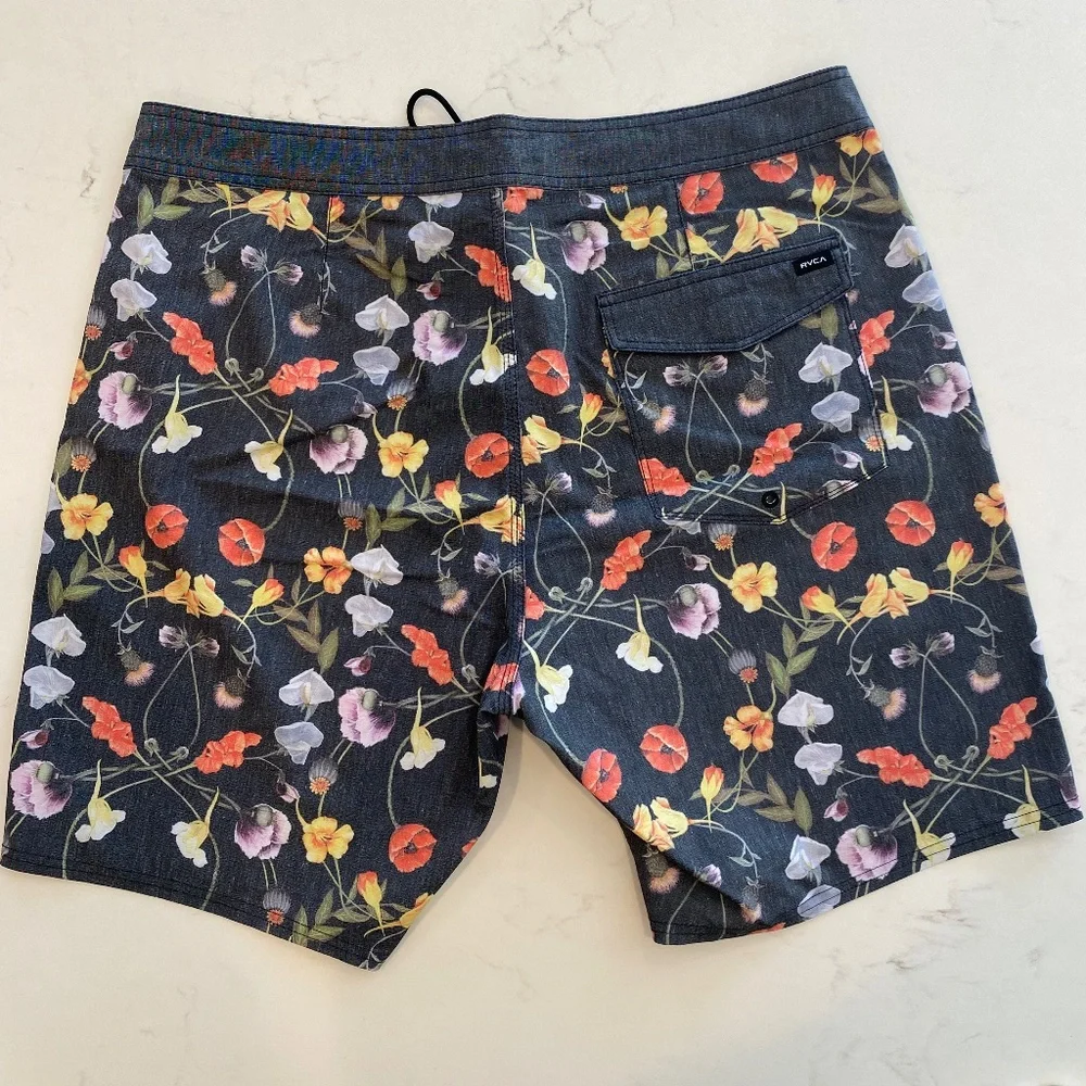 RVCA Floral Print Board Shorts in Gray with Red, Yellow & Purple